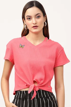 Elle Women Pink Striped V-Neck Slim Fit T-shirt