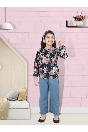 Cutiekins Girls Black & Blue Printed Top with Trousers