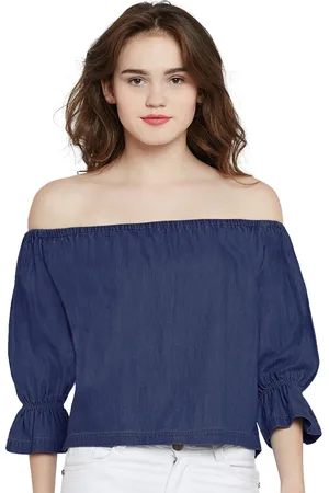 Miss Chase Women Navy Blue Denim Bardot Top