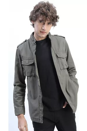 LocoMotive Men Olive Green Washed Longline Tailored Jacket