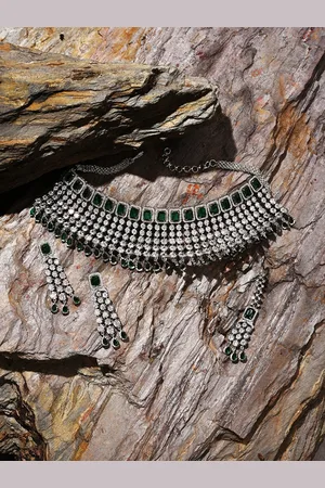SOHI Women Silver-Plated White & Green Stone Studded & Beaded Jewellery Set