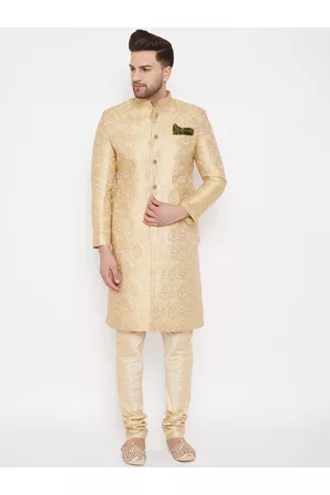 Vastramay Men Gold-Coloured & White Brocade Slim-Fit Sherwani Set