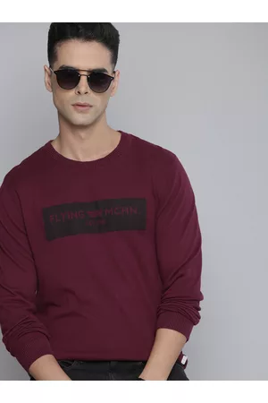 Flying Machine Men Burgundy Brand Logo Printed Pure Cotton Pullover