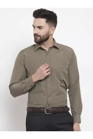 English Navy Men Olive Brown Slim Fit Solid Formal Shirt
