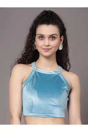 KASSUALLY Women Teal Halter Neck Velvet Crop Top