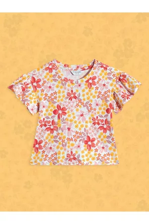 Ralph Lauren U S Polo Assn Kids White & Orange Floral Print Ruffles Top