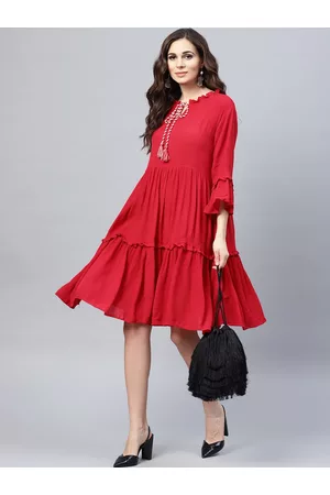 Bhama Couture Women Red Solid Tiered A-Line Dress
