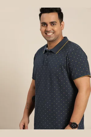 Sztori Men Plus Size Navy Blue & Mustard Yellow Printed Polo Collar Pure Cotton T-shirt
