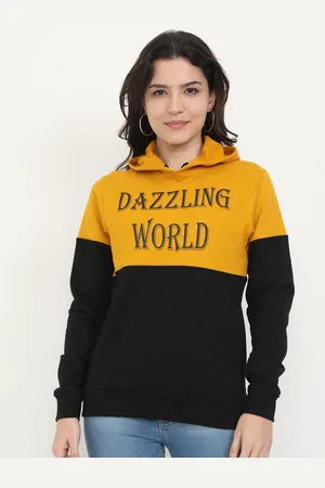 Fleximaa Women Mustard Colourblocked Cotton Hooded Sweatshirt