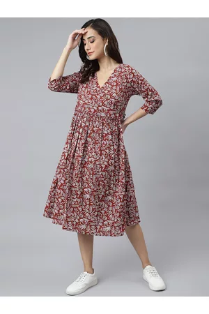 Janasya Women Floral Print Cotton Angrakha Dress