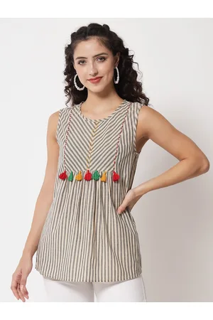 BEATNIK Women Brown Geometric Printed Rayon Flared sleeveless Kurti