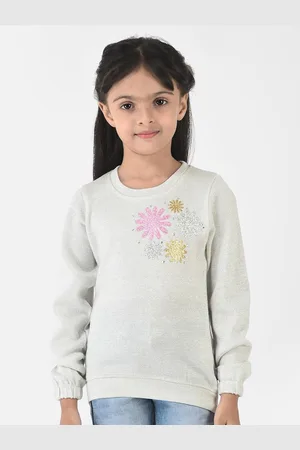 Crimsoune Club Girls Off White & Silver Floral Printed Pullover