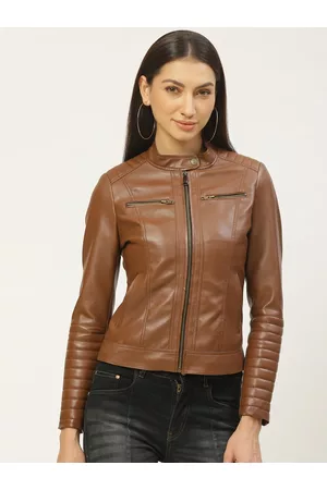 Leather Retail Women Brown Solid Lightweight Biker Jacket