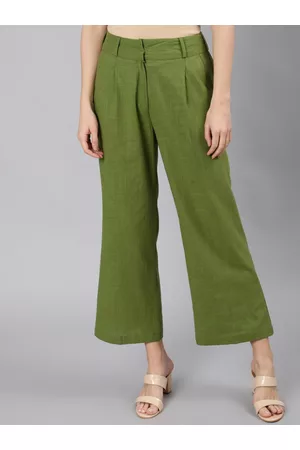 Jaipur Women Olive Green Flared High-Rise Pleated Trousers