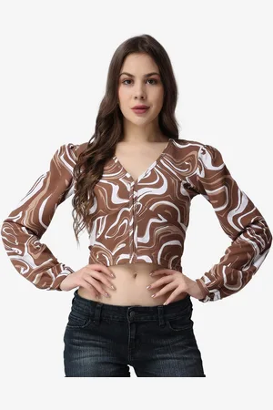Popwings Women Brown Abstract Print Blouson Crop Top