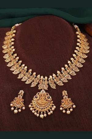 ESTELE Gold Plated CZ Spiritual Lakshmi Devi Designer Bridal Necklace Set for Women