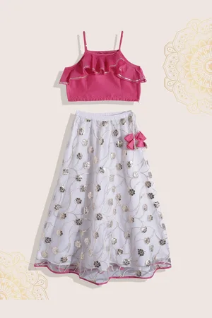 Biba Girls White & Pink Floral Embroidered Ready to Wear Lehenga & Choli
