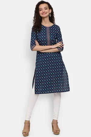 Desi Mix Women Blue Geometric Printed Thread Work Round Neck Kurta