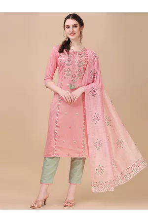 Berrylicious Pink Floral Embroidered Thread Work Chanderi Cotton Kurta with Trousers & Dupatta