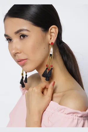 Jewels Galaxy Black & Red Gold-Plated Stone-Studded Tasselled Drop Earrings