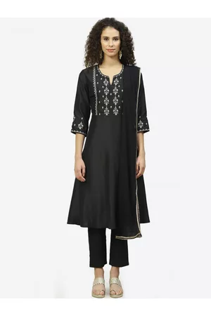 Biba Women Black Ethnic Motifs Embroidered Thread Work Kurta with Trousers With Dupatta