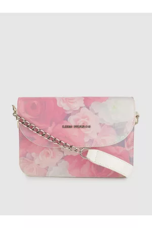 Lino Perros Women Pink & Blue Floral Printed Croc Textured Structured Shoulder Bag