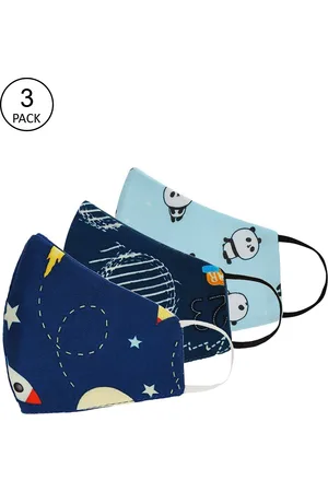 Tossido Kids Pack Of 3 Blue & Navy-Blue Printed 3-Ply Cotton Cloth Face Masks