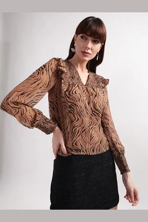 CENTRESTAGE Women Brown & Black Animal Printed V-Neck Top