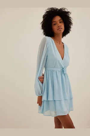 NA-KD Blue Solid Chiffon Mini Sustainable Wrap Dress