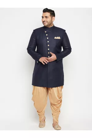 Vastramay Men Navy Blue & Beige Slim-Fit Plus Size Sherwani Set