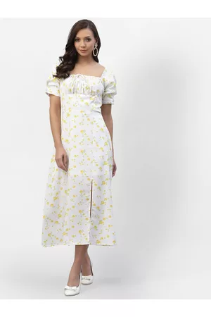 Aayu Women White & Yellow Floral Printed Front Slit Crepe Midi Dress