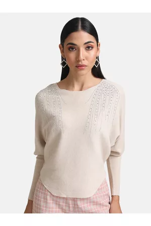 Kazo Women Beige & Silver Ribbed Pullover with Embellished Detail
