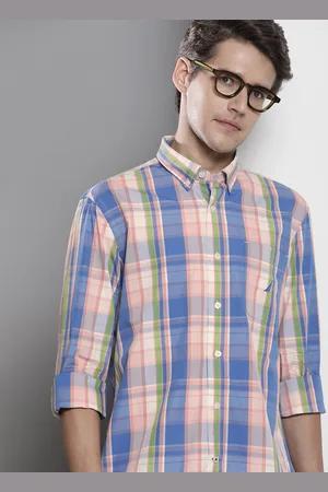Nautica Men Blue & Pink Slim Fit Checked Pure Cotton Casual Shirt