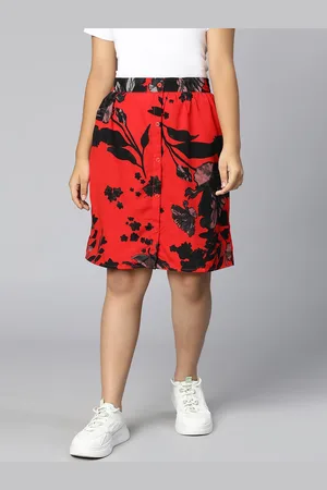 Oxolloxo Girls Red Leaf Printed Knee Length A-Line Skirts