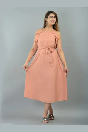 IQRAAR Peach-Coloured Off-Shoulder Midi Dress