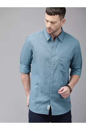 Roadster Men Casual T-shirts - Men Blue Regular Fit Solid Fog Linen Cotton Sustainable Casual Shirt