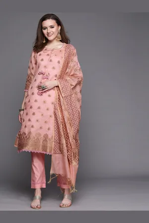 Chhabra 555 Women Peach-Coloured & Brown Banarasi Weave Handloom Made To Measure Kurta Set
