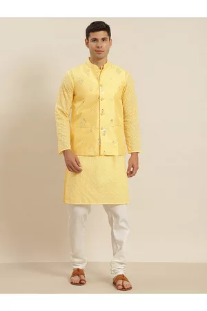 SOJANYA Men Embroidered Jackets - Men Yellow Ethnic Motifs Embroidered Pure Cotton Kurta with Pyjamas & Nehru Jacket