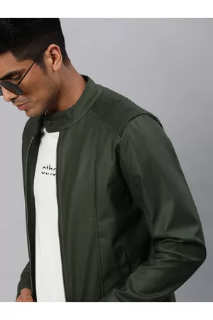 WROGN Men Olive Green Solid Biker Jacket