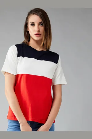 DOLCE CRUDO Women White Red Colourblocked Round Neck Pure Cotton T-shirt