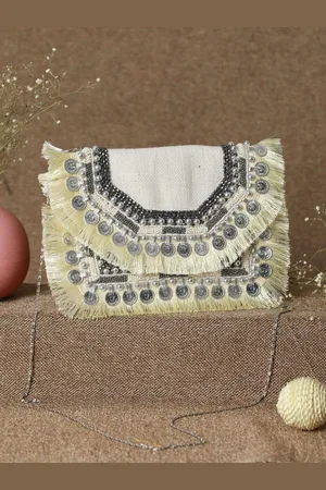 Priyaasi Beige Embellished Structured Sling Bag with Tasselled