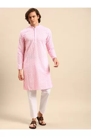 Anouk Men Pink Ethnic Motifs Embroidered Pure Cotton Kurta with Pyjamas