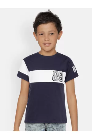 METRO KIDS COMPANY Boys Navy Blue & White Organic Cotton Striped Round Neck T-shirt