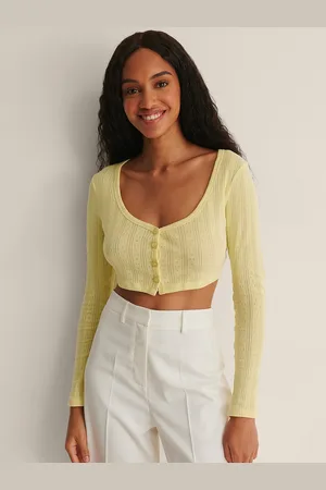 NA-KD Women Yellow Self Design Pure Cotton Fitted Crop Top