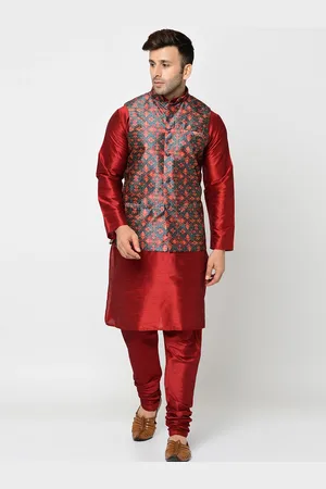 Kaifoo Men Maroon & Blue Layered Kurta with Churidar & Nehru Coat