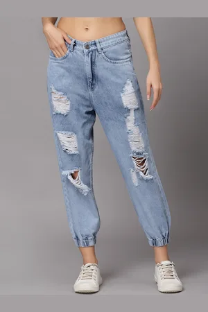 KASSUALLY Women Blue Jogger Highly Distressed Light Fade Jeans