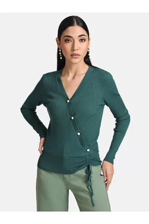 Kazo Women Green Ribbed Cardigan