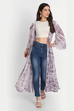GUFRINA Women Purple & White Printed Longline Tie-Up Shrug