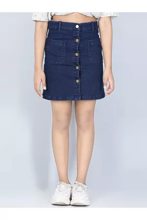 StyleStone Girls Blue Denim Mini Straight Skirt With Front Buttons
