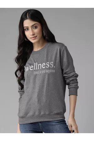 KASSUALLY Women Charcoal Grey Typography Embroidered Sweatshirt